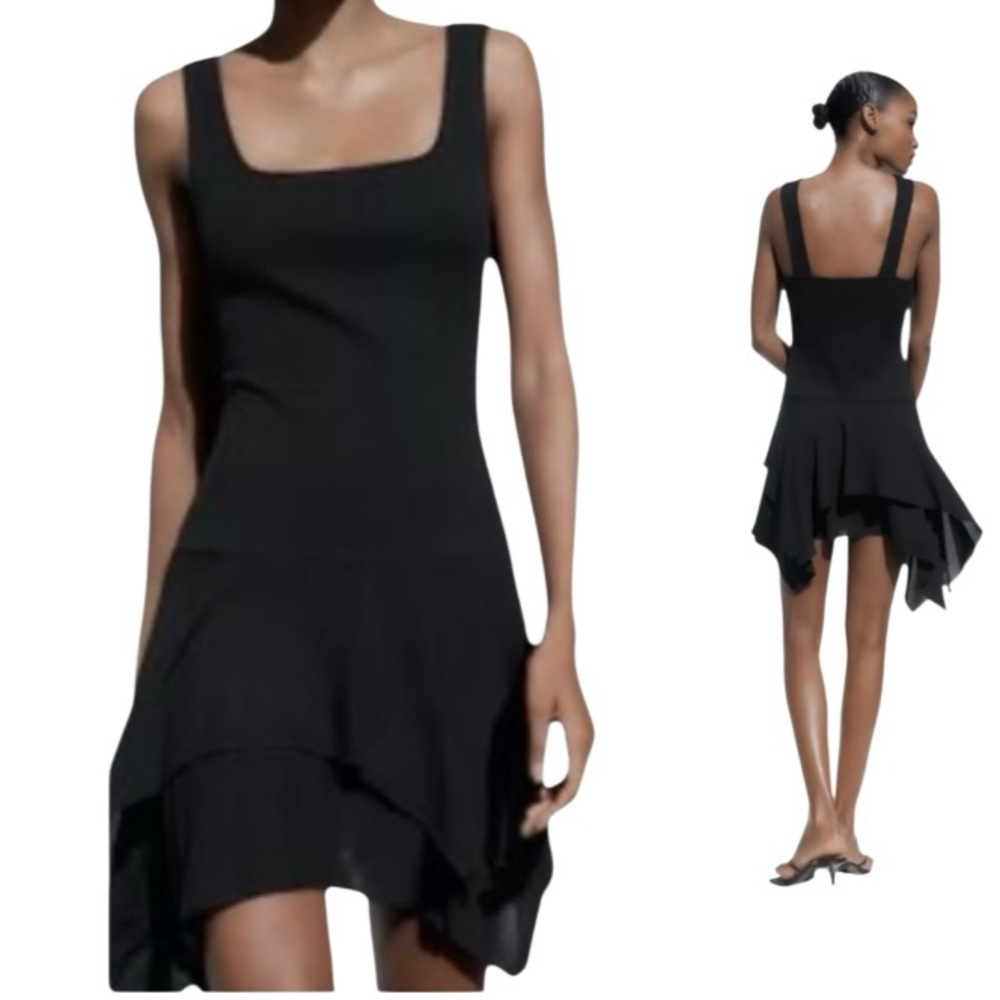 Zara Contrast Black Short Dress Asymmetrical Hem Square Neckline Sz S
